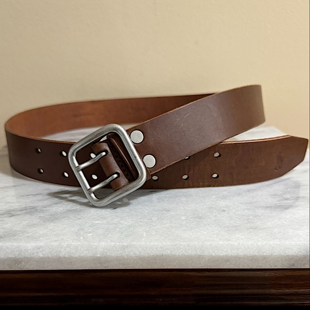 Ralph Lauren Brown Leather Double-Prong Belt with Silver Buckle